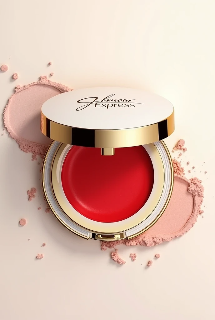 Create an image of a powder foundation with a gold and white lid. The foundation should be red in color and the packaging should display an elegant label with the brand name Glamour Express. transparent white background 