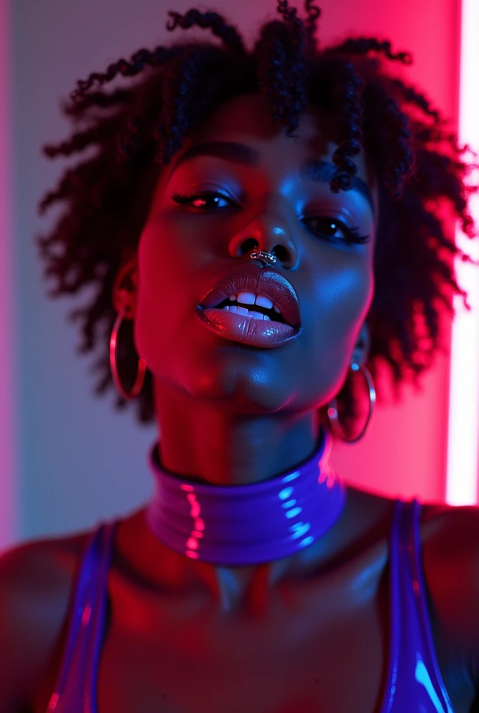 african woman, young, naked, short curly hair, septum piercing, dimples, thick collar around neck, naughty expression, purple latex bodysuit, neon lights, giving blowjob, sucking dick, cum in mouth, cum leaking out of mouth, close-up, UHD, retina, masterpiece, accurate, anatomically correct, textured skin, super detail, high details, high quality, award winning, best quality, highres
