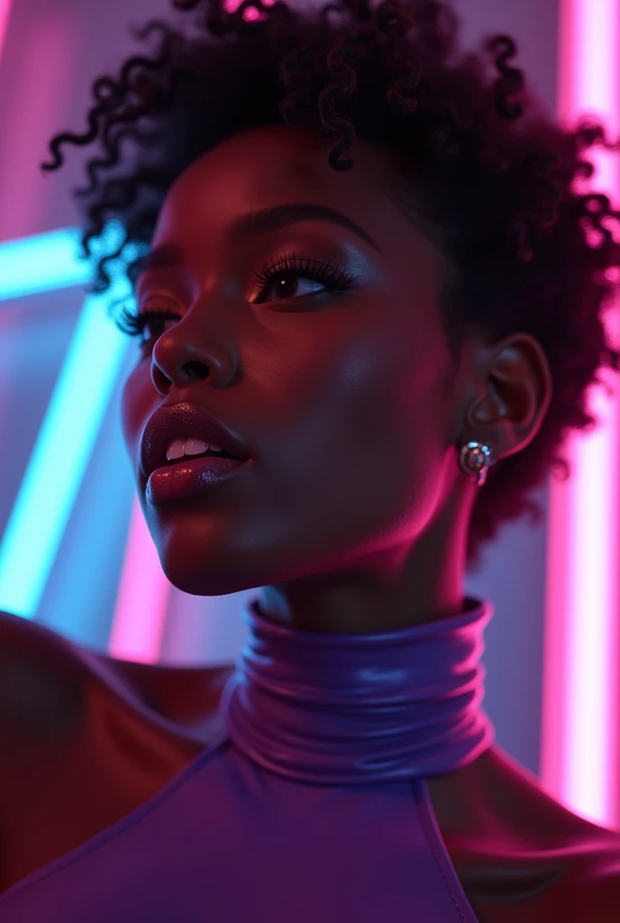 african woman, young, naked, short curly hair, septum piercing, dimples, thick collar around neck, naughty expression, purple latex bodysuit, neon lights, giving blowjob, sucking dick, cum in mouth, cum leaking out of mouth, close-up, UHD, retina, masterpiece, accurate, anatomically correct, textured skin, super detail, high details, high quality, award winning, best quality, highres
