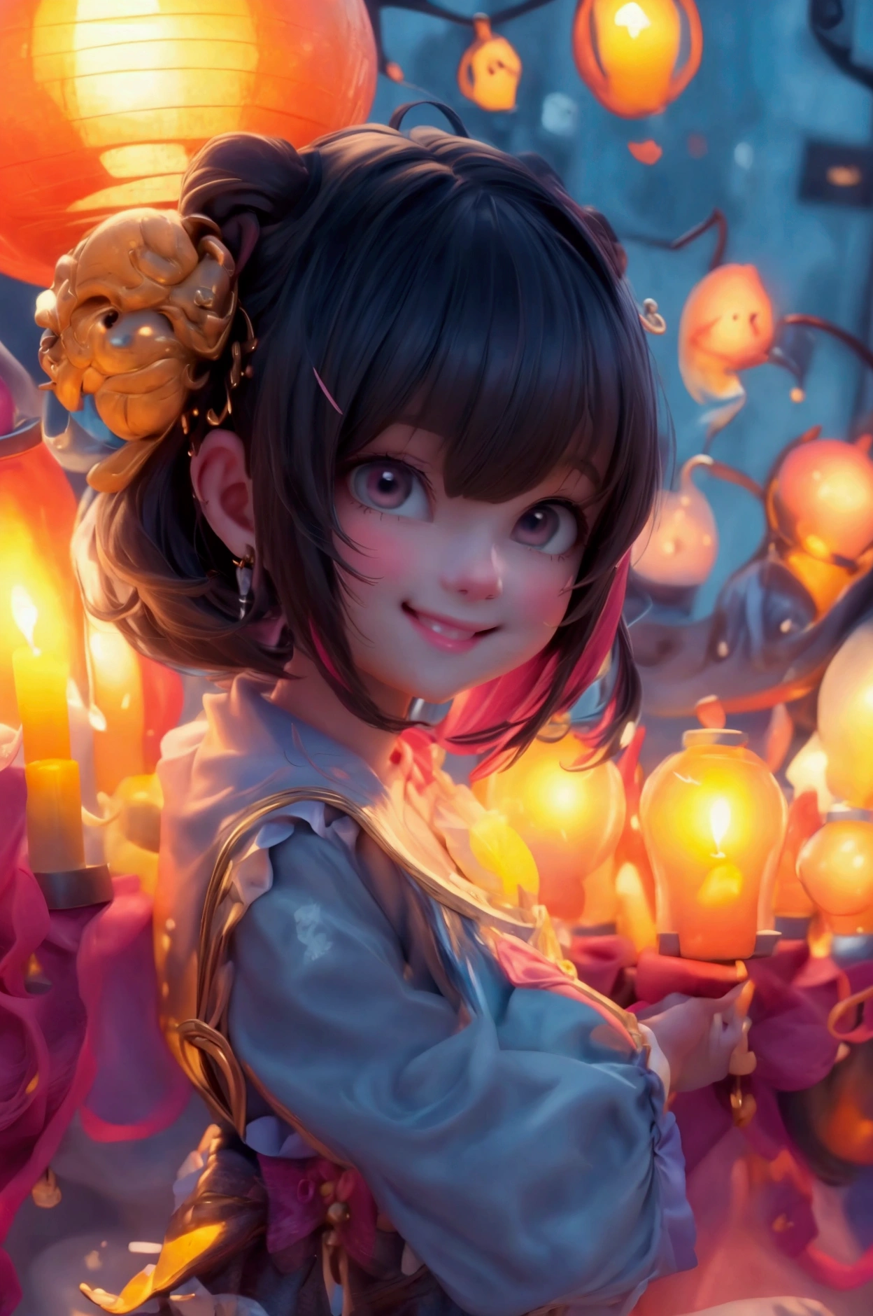  cute girl smiling, pumps, night time, candles and lanters