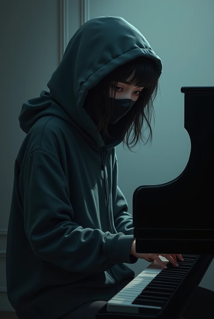 A full hd image of a girl wearing hoodie with black face mask  playing piano...