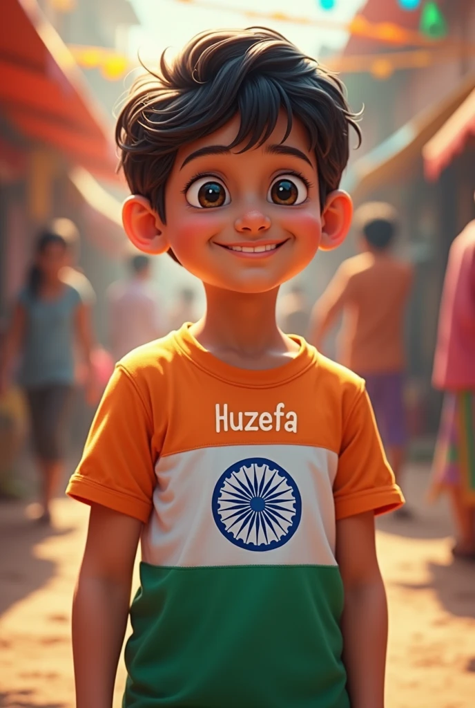 Boy in Indian flag tshirt and print Huzefa on tshirt backside 