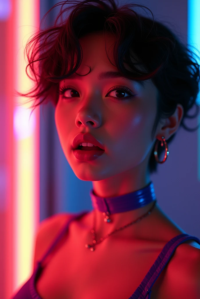asian woman, young, naked, short curly hair, septum piercing, dimples, thick collar around neck, naughty expression, purple latex bodysuit, neon lights, giving blowjob, sucking dick, cum in mouth, cum leaking out of mouth, close-up, UHD, retina, masterpiece, accurate, anatomically correct, textured skin, super detail, high details, high quality, award winning, best quality, highres
