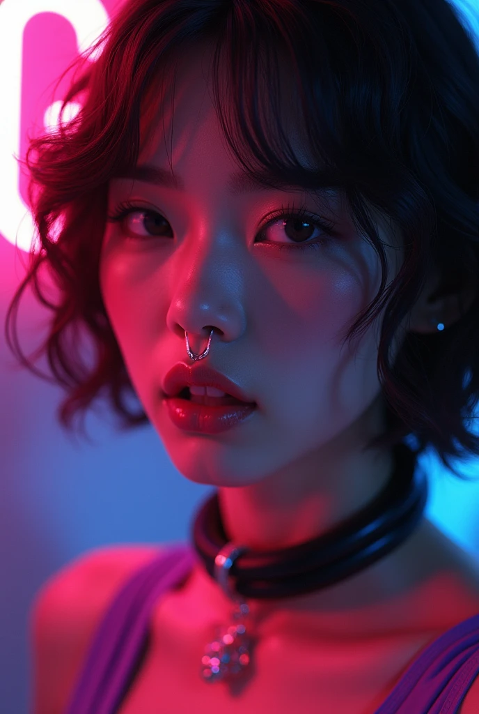 asian woman, young, naked, short curly hair, septum piercing, dimples, thick collar around neck, naughty expression, purple latex bodysuit, neon lights, giving blowjob, sucking dick, cum in mouth, cum leaking out of mouth, close-up, UHD, retina, masterpiece, accurate, anatomically correct, textured skin, super detail, high details, high quality, award winning, best quality, highres

