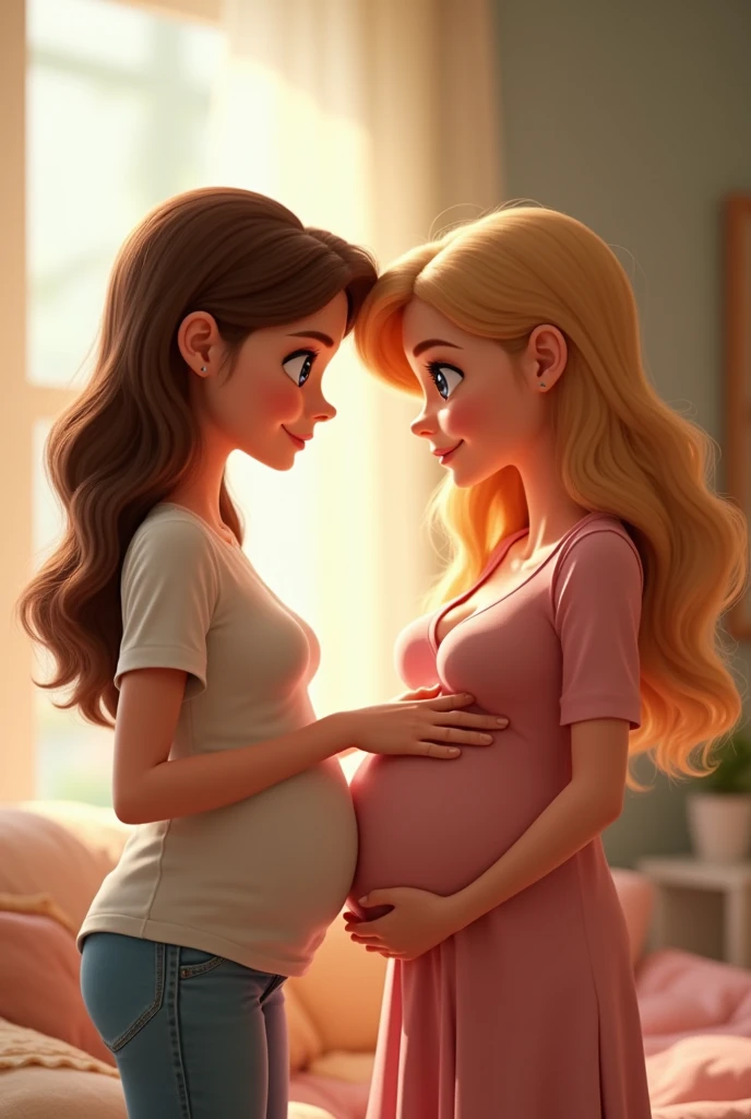 A white woman with blue eyes and brown hair, tapping on the pregnant belly of a blonde woman with brown eyes., all of that in the Pixar style