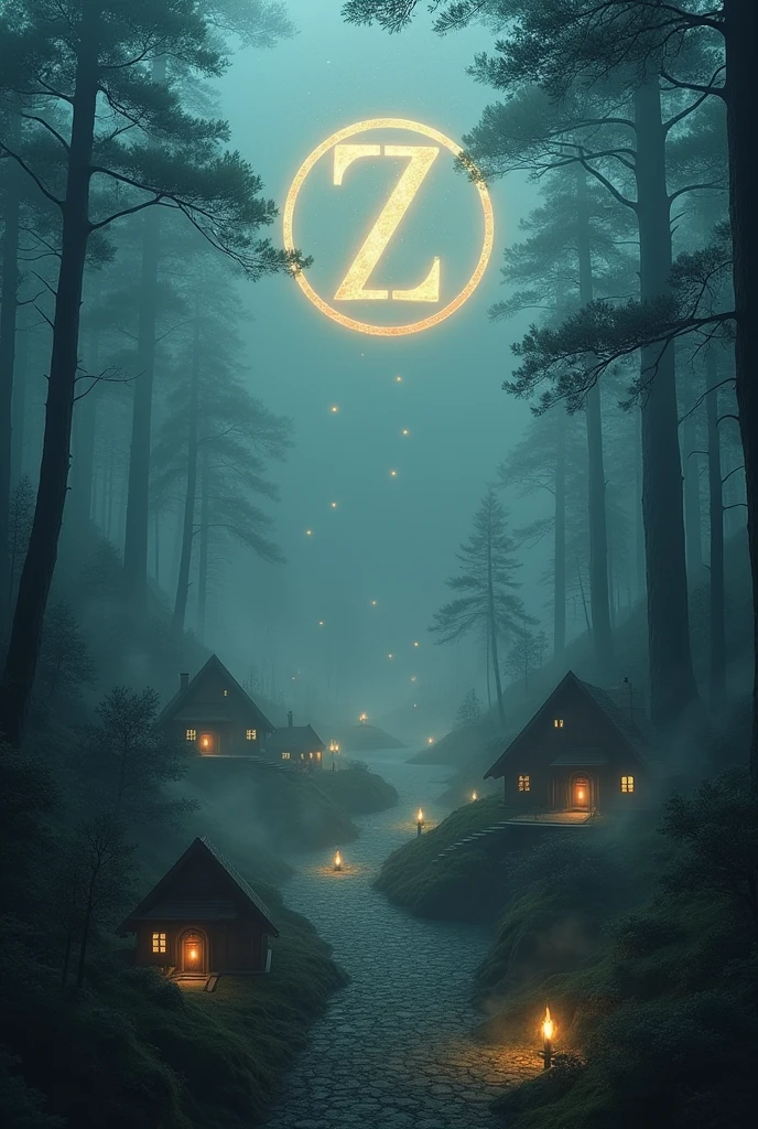 A big forest with the air of cloud dust, which is inside the forest of small houses, and from all parts it reaches a big palace in a circular shape, all the small houses and above the big palace that is in the middle, the letter Z is written in its space. The forest is very big and there are many small houses and the air of the forest is like night