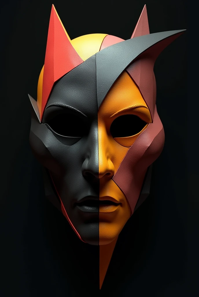 Create a body about a cubist mask with black colors. , orange,brown and red with dark background 