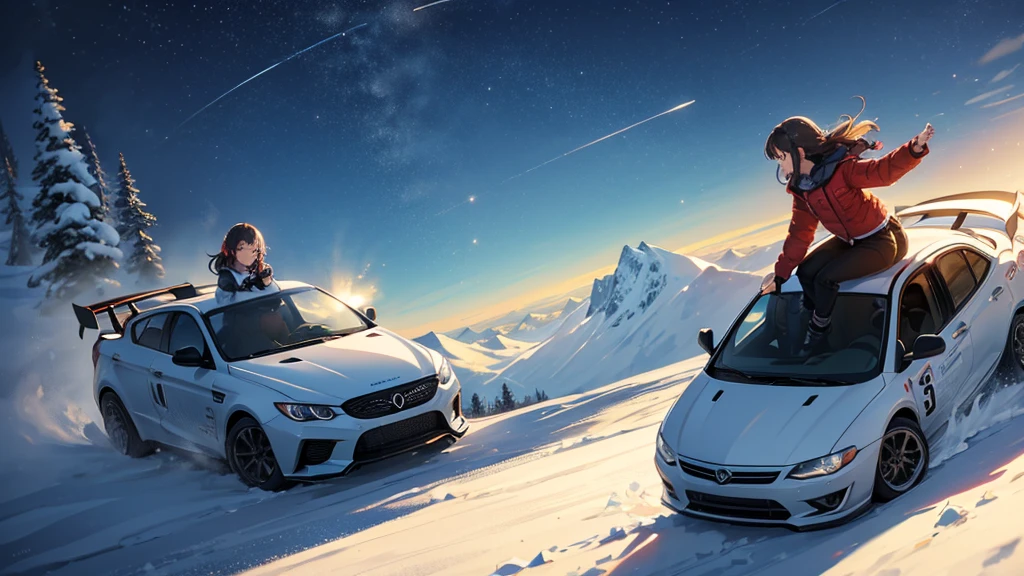 Two girls in a drifting car going down a mountain at night