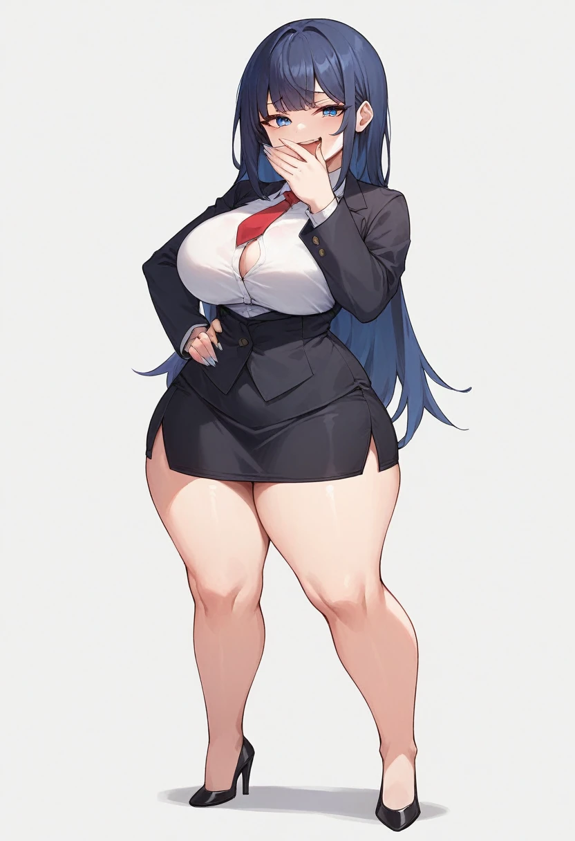 1adult woman, solo, long straight hair, hair bangs, bangs covering forehead, standing, dark blue hair,black blazer, white shirt, red tie, black pencil skirt, busty, thick thighs, wide hips, big soft thighs, shapely legs, black high heels, full body shown, white background,simple eyes, long fingernails, thick thighs pressed together, smug face, smug, smirk, teasing, blue eyes, entire body shown,one hand covering mouth , half-lidded eyes, open mouth, hand on waist, full body showing