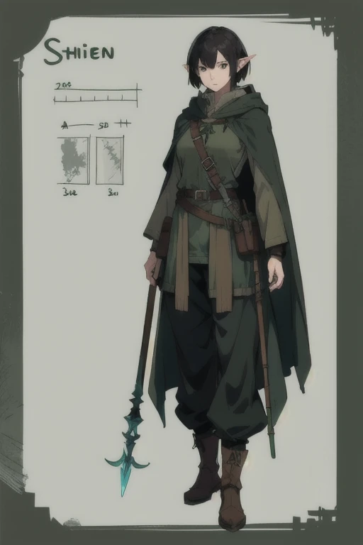 (Character sheet) Line art, 1 female adult warrior , tall muscular, baggy pants, dark green hooded cloak, elf ears, mage water staff, potion bottles, brown boots, full body, short black hair, 3 different angles