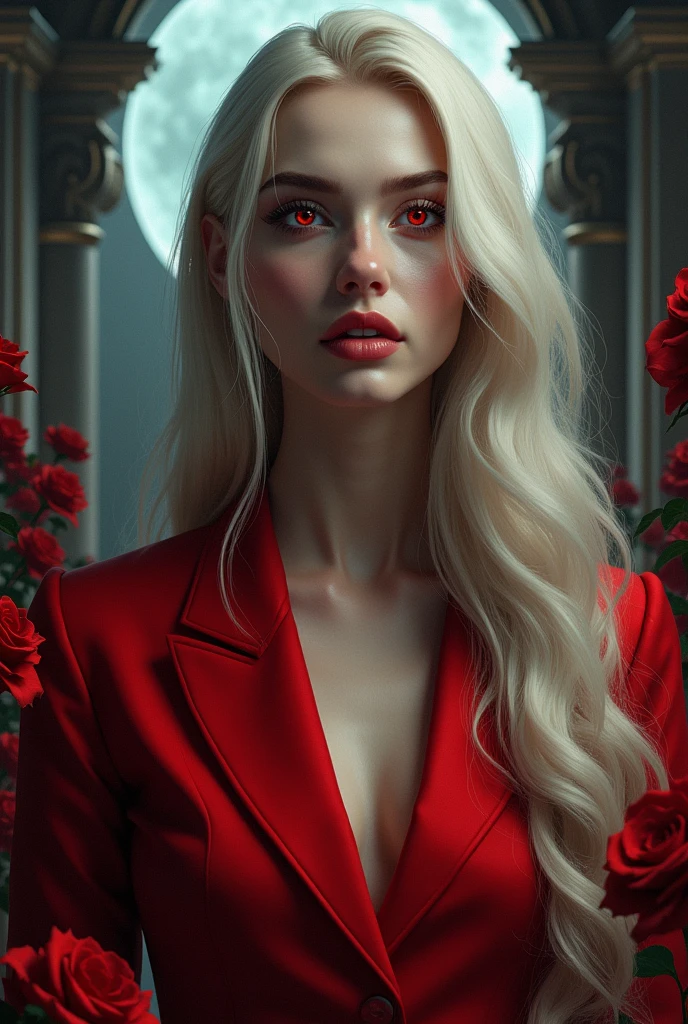 work of art, highest quallity, (focus only), (face perfect:1.1), (high détail:1.1), (hyper detailed eyes), Dramatic, 1 girl, (pale skin), long blonde hair, (red irises), Individual focus, vampyre, long hair, moonligh, natta, Red luxury suit, fleshy lips, castle, detailed back ground, artwork by Artgerm, cinematic lighting, red roses, lo fashion