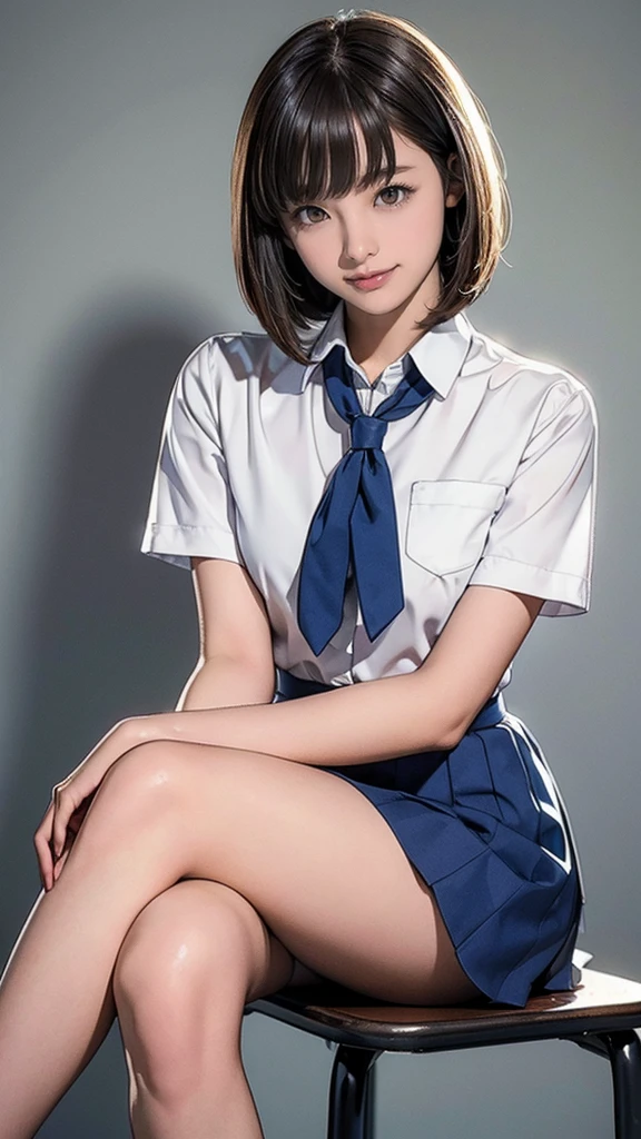 Product quality, 1girl in, FULL BODYSHOT, Front view, a Japanese young pretty woman, Bob Hair, Glamorous figure, Wearing a silky shirt with a short sleeved white collar and a dark blue satin plain bow tie, Wearing a light blue pleated miniskirt, Sitting at a desk with a big smile in the classroom, hyper cute face, Glossy lips, Double eyelids in both eyes, Natural makeup, long eyelashes, shiny smooth light brown Bob Hair, asymmetrical bangs, Beautiful skin, central image, High resolution, high detailing, detailed hairstyle, Detailed face, spectacular movie lighting, Octane Rendering, Vibrant, Hyper realistic, Perfect limbs, Perfect Anatomy