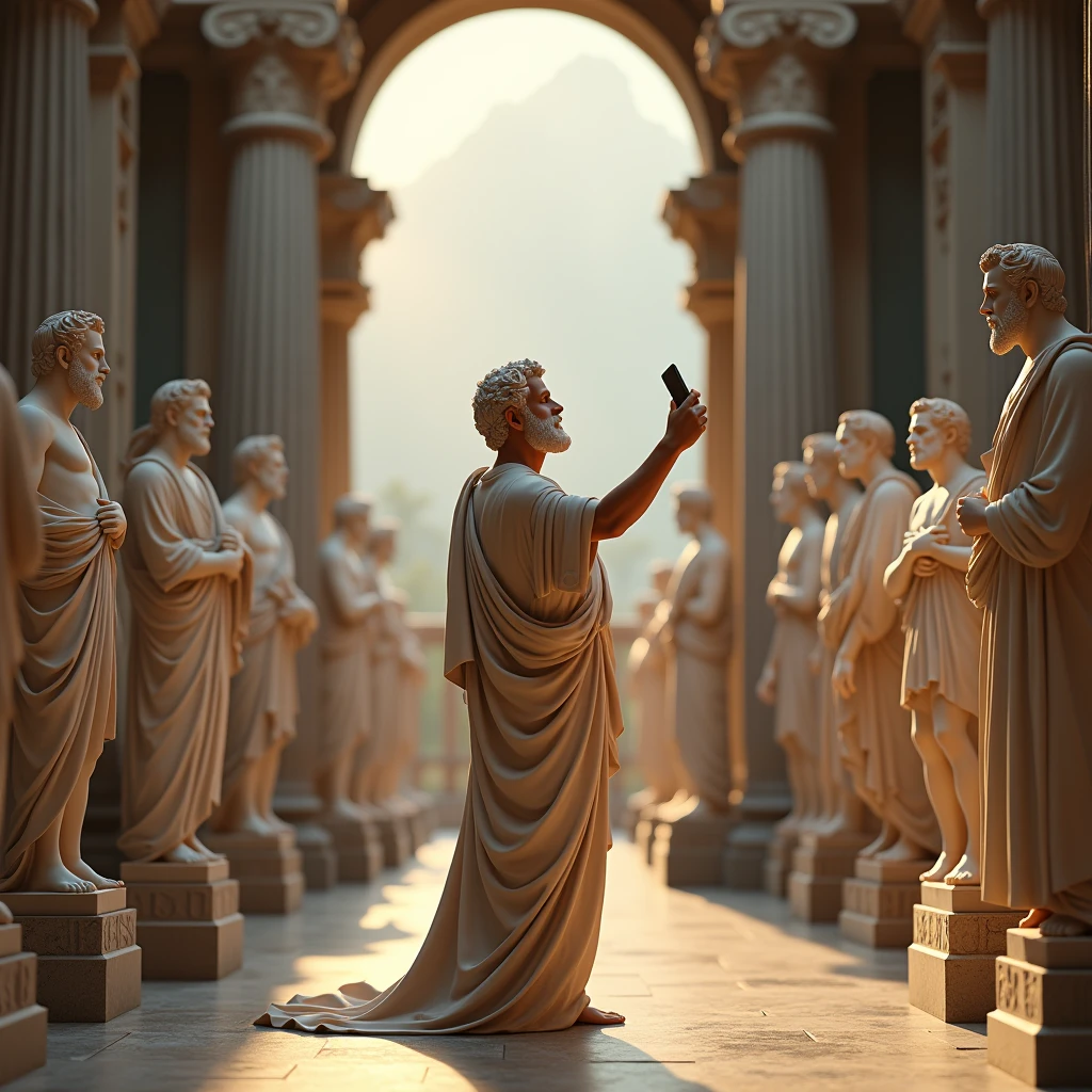 Aristotle taking a selfie with his sculptures in tribute