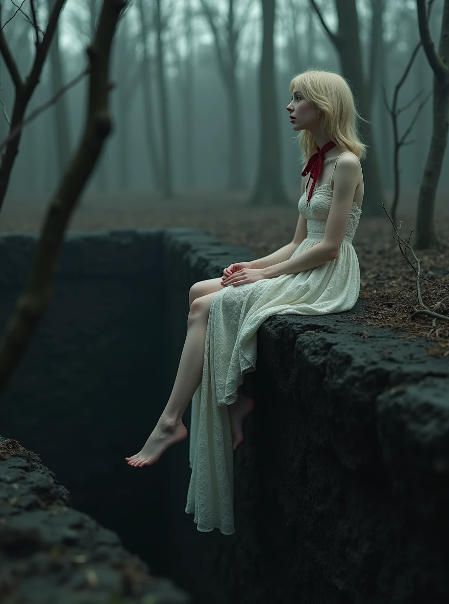 (photorealism:1.1), girl, blonde, medium length hair, hair on one side of head, long legs, beautiful, medium sized breasts, wearing a white long dress, girl's shoulders are bare, light wind moves her hair, lace dress, long train of the dress hangs on the edge of the grave, girl sitting on the right edge of the grave, gray eyes, background dense dry gloomy forest of very thin branches, view from inside the grave, girl sitting on the edge of the pit with her legs overhanging, gaze directed to the inside of the pit, looking up, red lace bouffant bow around her neck, grave dug in the ground, edges are unpaved, walls of earth, earth is black, wide grave, edges are flat