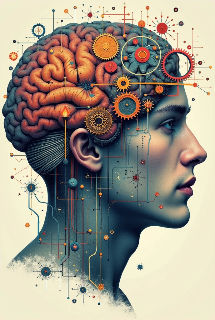 Poster of a man's face with typographic illustrations, Brain, intricate gears, interconnected neurons and elements that symbolize neurology, Create brain shapes, side view of face shape, 