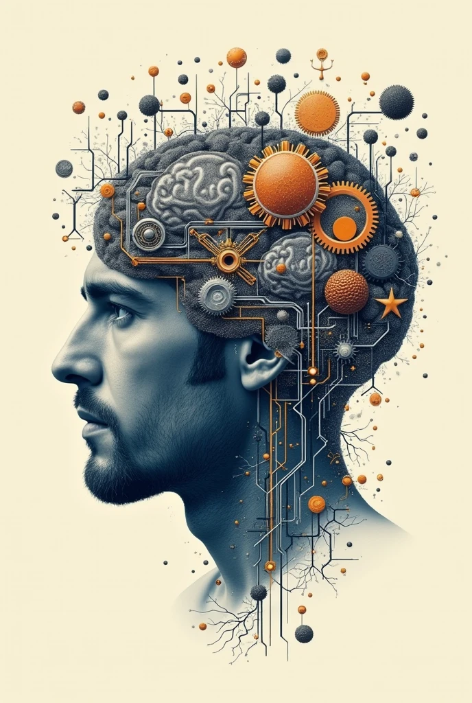 Poster of a man's face with typographic illustrations, Brain, intricate gears, interconnected neurons and elements that symbolize neurology, Create brain shapes, side view of face shape,
