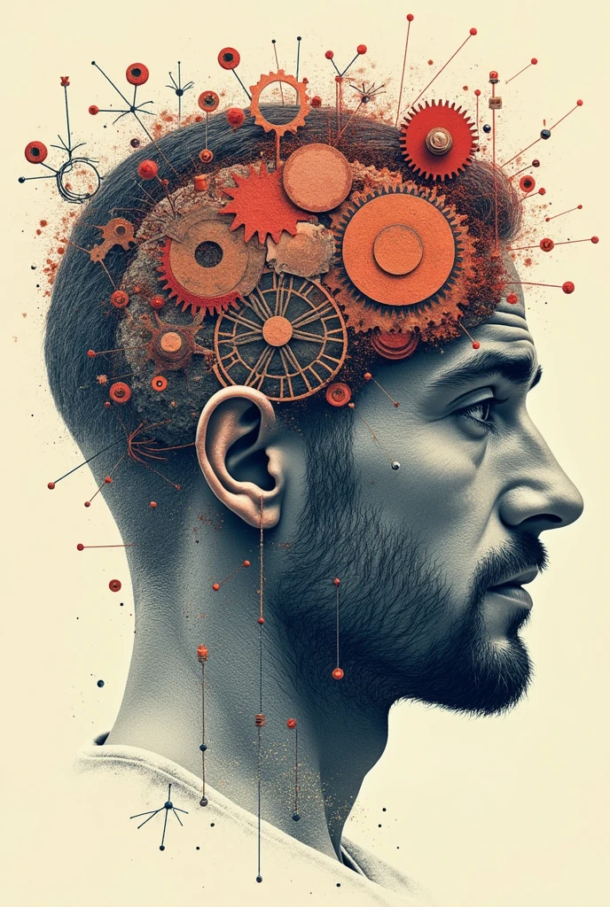 Poster of a man's face with typographic illustrations, Brain, intricate gears, interconnected neurons and elements that symbolize neurology, Create brain shapes, side view of face shape,
