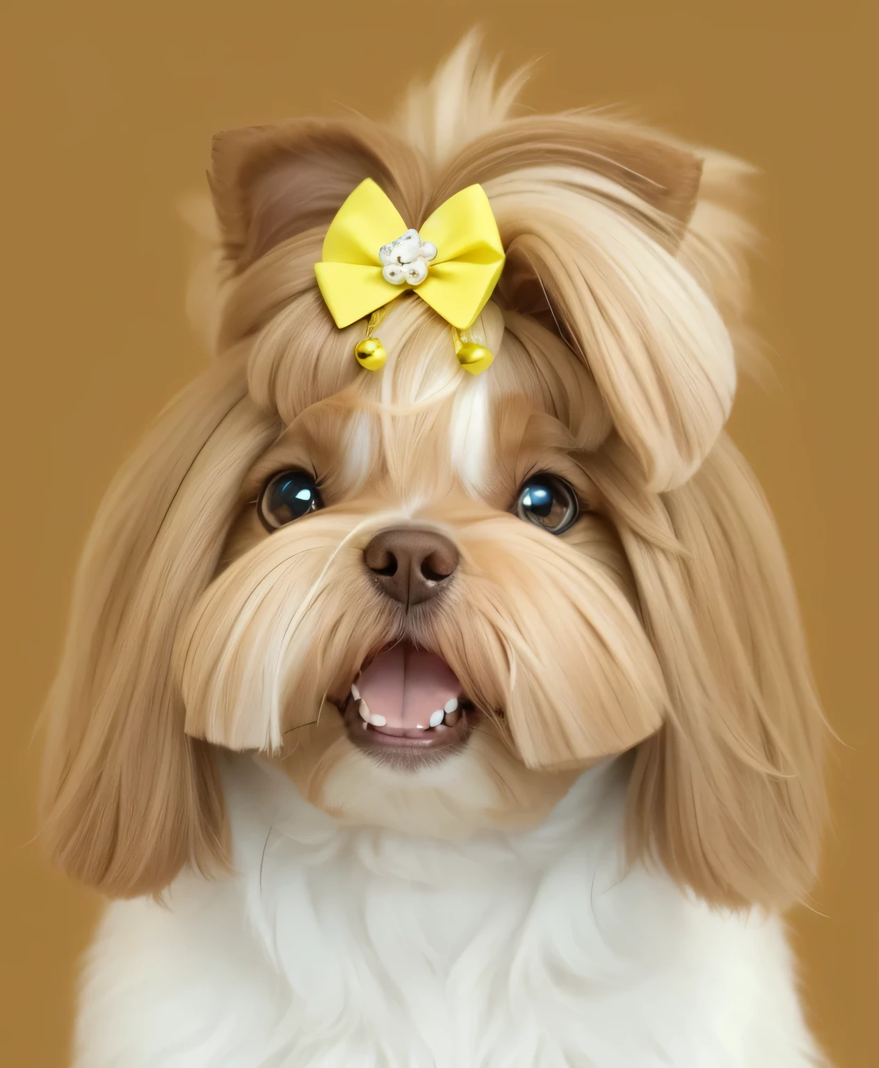 a very cute furry dog, hairs drawn like cartoon, perfectly drawn eyes, eyes like a cartoon drawing, beautiful eyes, perfect eyes, she is very happy, she is smiling, the image is very detailed