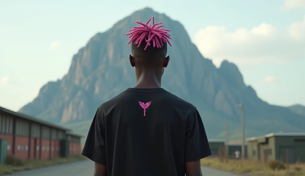 A black guy, with short pink dreads and black t-shirt with dove logo on the back, in a maintain base, looking at the top of the big mountain in front of him , the camera captures him from the back