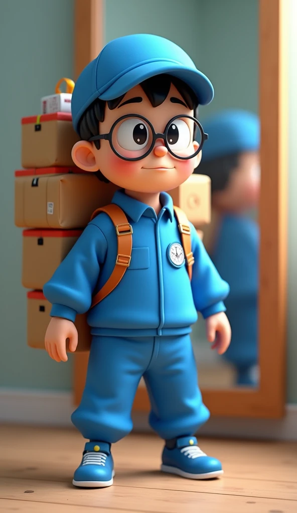Nobita wears a shipper uniform: Nobita stands in front of the mirror, wears a blue shipper uniform, wears a backpack full of packages, 3D image looks exactly like Nobita in Doraemon 