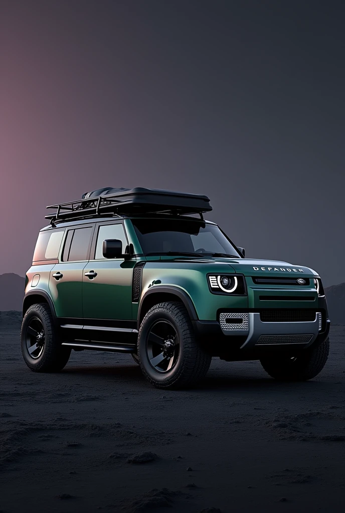 An image of full body of Brand new ((full option)(land rover defender 110 model 2024)) 5 door defender in dark greenish colour and (ceramic coating help shining body) with defender roof carrier and side ladder. Diamond cut alloy wheels at (minimum ground clearance). Dark violet sky and dark grey soil. 