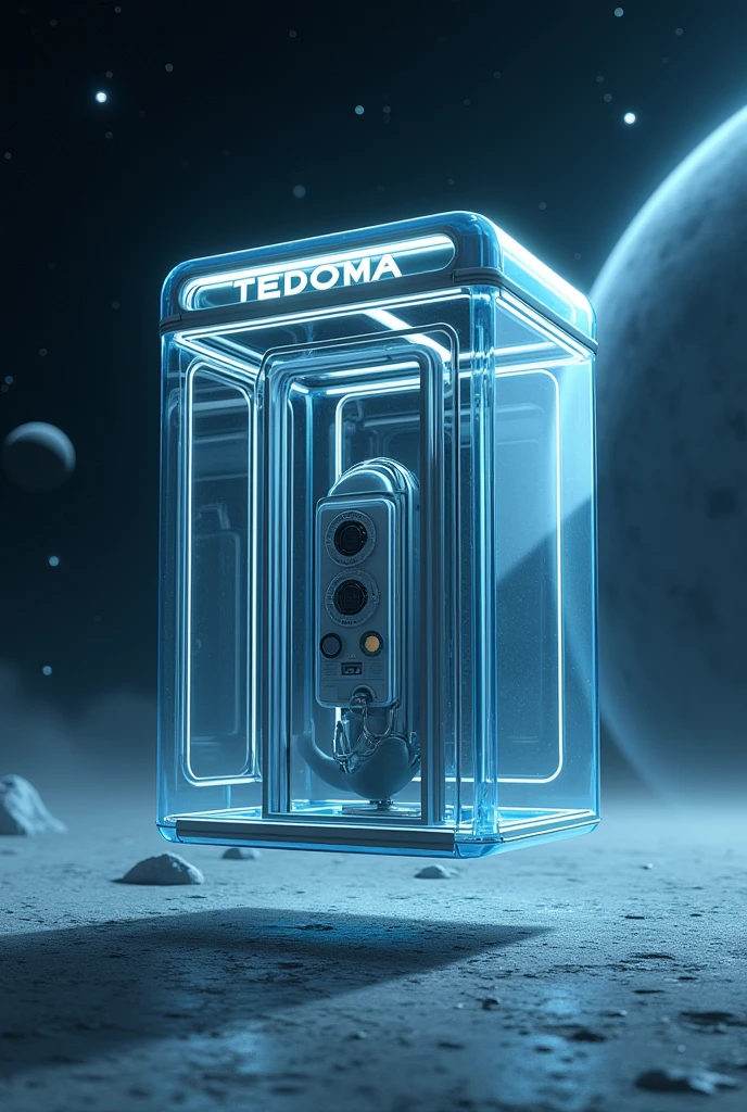 Há uma cabine telefônica flutuando no universe com planetas ao fundo, rendered in keyshot, police station, futuristic cabins, cabine no estilo TRON LEGACY, cabin made of glass, transparent cabins, universe, space sideral, represented as a 3D rendering, 3D rendering beep, space, phone booths, TEDOMA written at the top of the cabin, promotional rendering, sci-fi magic highly detailed.