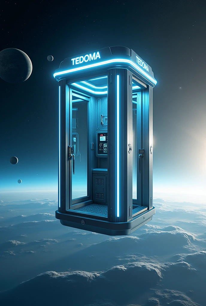 Há uma cabine telefônica flutuando no universe com planetas ao fundo, rendered in keyshot, police station, futuristic cabins, cabine no estilo TRON LEGACY, cabin made of glass, transparent cabins, universe, space sideral, represented as a 3D rendering, 3D rendering beep, space, phone booths, TEDOMA written at the top of the cabin, promotional rendering, sci-fi magic highly detailed.