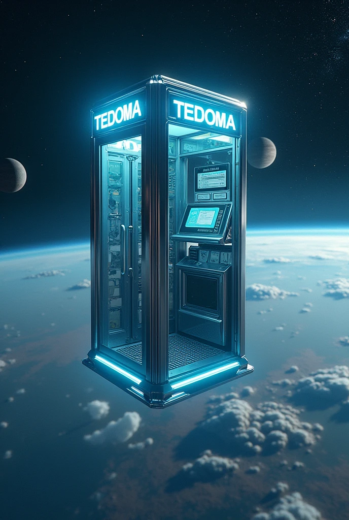 Há uma cabine telefônica flutuando no universe com planetas ao fundo, rendered in keyshot, police station, futuristic cabins, cabine no estilo TRON LEGACY, cabin made of glass, transparent cabins, universe, space sideral, represented as a 3D rendering, 3D rendering beep, space, phone booths, TEDOMA written at the top of the cabin, promotional rendering, sci-fi magic highly detailed.