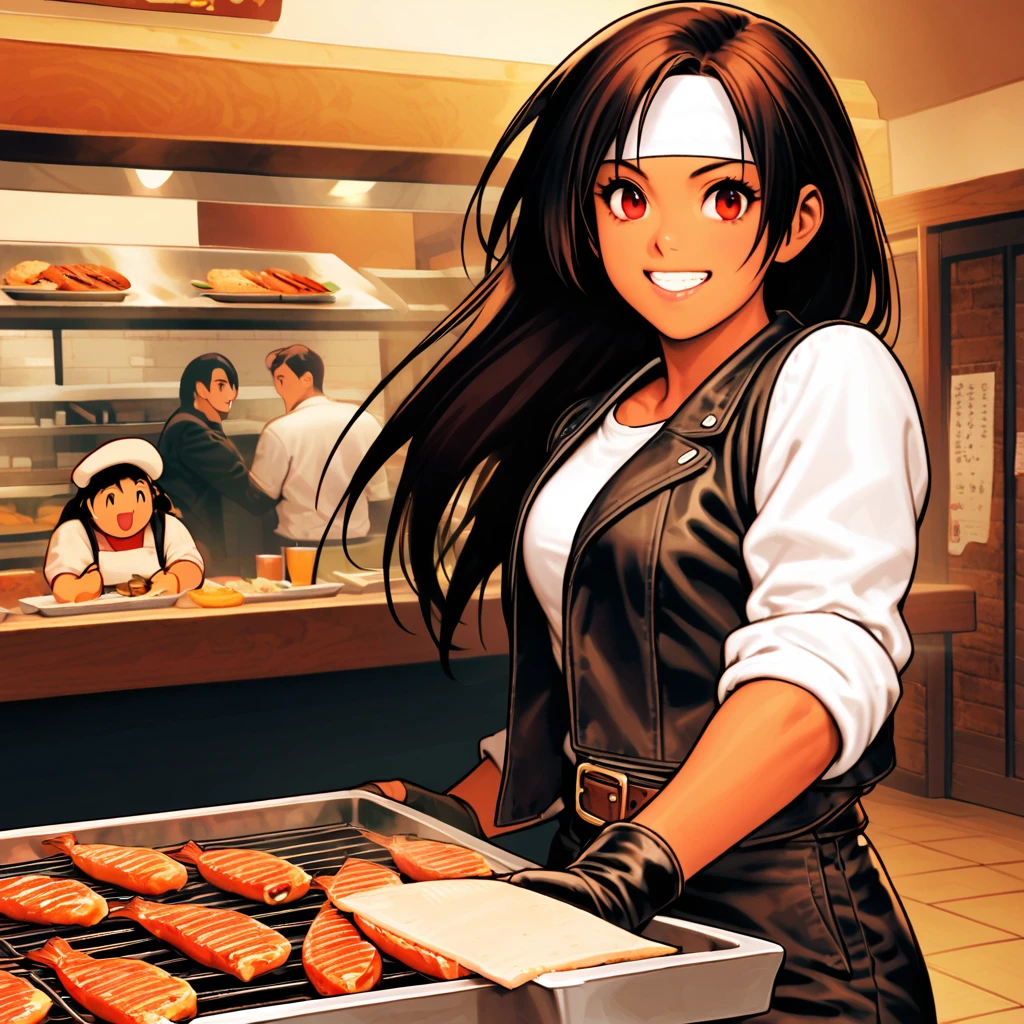 single,female,eating grilled fish in a restaurant,short height,dark hair,dark skin,red eyes,((rolled up black jacket)),fingerless gloves,white T-shirt,(white headband),black pants,white shoes,brown belt,cute,indoor-oriented,charming,top quality,neat face,neat eyes,confident,smiling,eating grilled fish in a restaurant full of confidence, toothy smile, grilling in a restaurant, busy