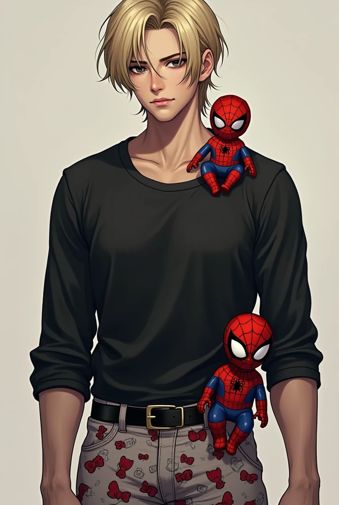 Male character with blonde hair, black eyes, black shirt with a Spiderman doll, Hello Kitty pants.