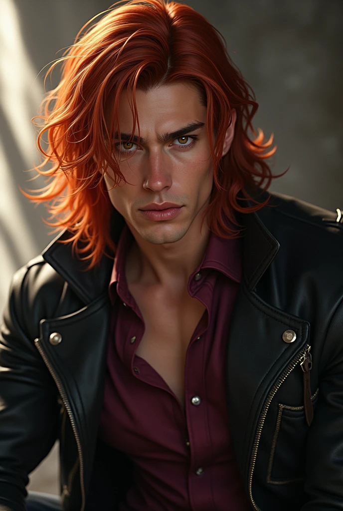 A man with almond-shaped eyes, full lips, a delicate nose, and well-defined muscles. Long, fiery red hair, a soft yet profound gaze with a hint of ironic humor. A confident posture, often seen in a leather jacket over a burgundy shirt.