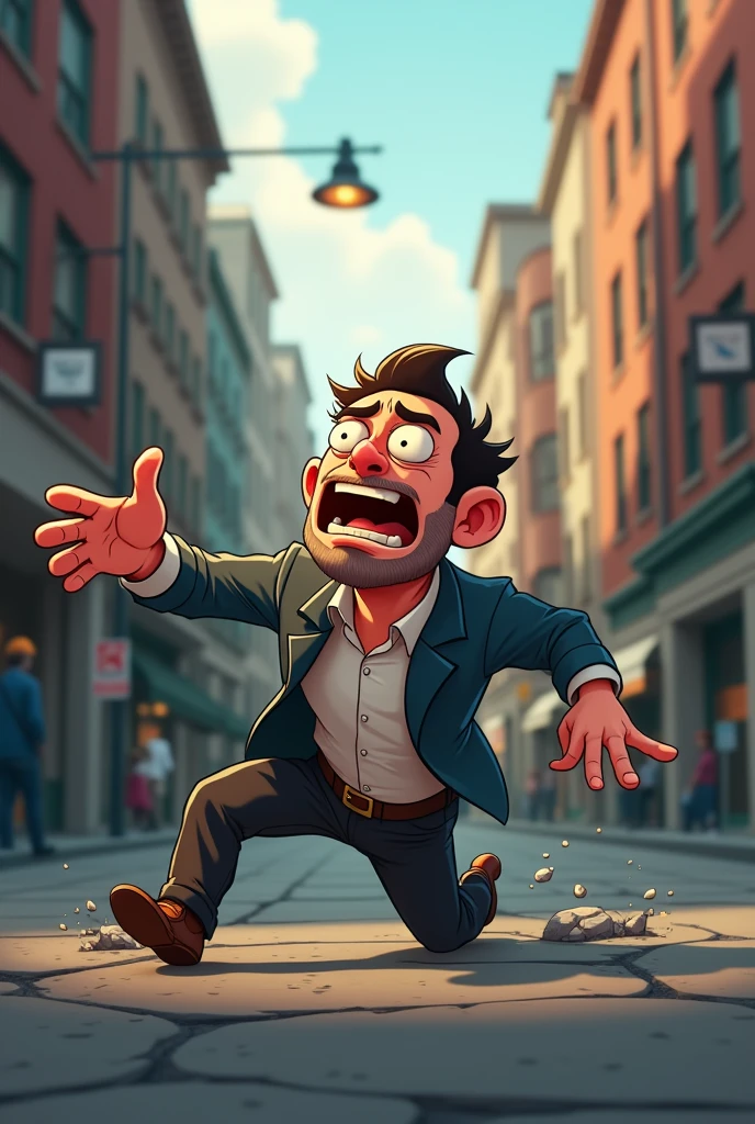 ((masterpiece, best quality, highly dramatic picture, cinematic lens effect, cartoon)) man lands awkwardly on the street, exaggerated funny painful expression 