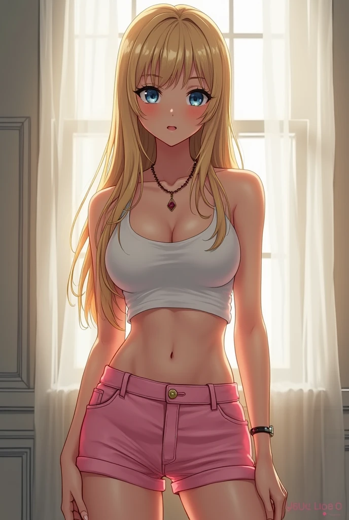 1 13 years, standing alone, long  hair, breasts small, Looking at Viewer, hair blonde, bared shoulders, eyes blue, jewelry, fully body, necklase, lips, realisitic, nase, flirting with the camera, wearing white crop top and pink short shorts