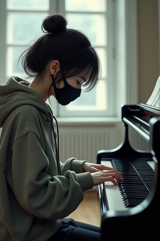 A full hd image of a girl wearing hoodie with black face mask  playing piano...