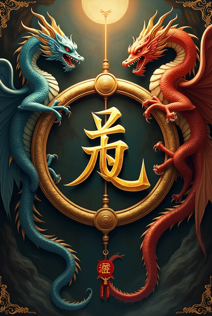 An RPG book cover. The center is the Chinese kanji for the word wushu inside a ring, all gold on the right side outside the ring a long dragon. On the left side a Chinese phoenix. In the footer written, Wushu the RPG game. Created by Julio Wagner and based on the vampire game, to mask.