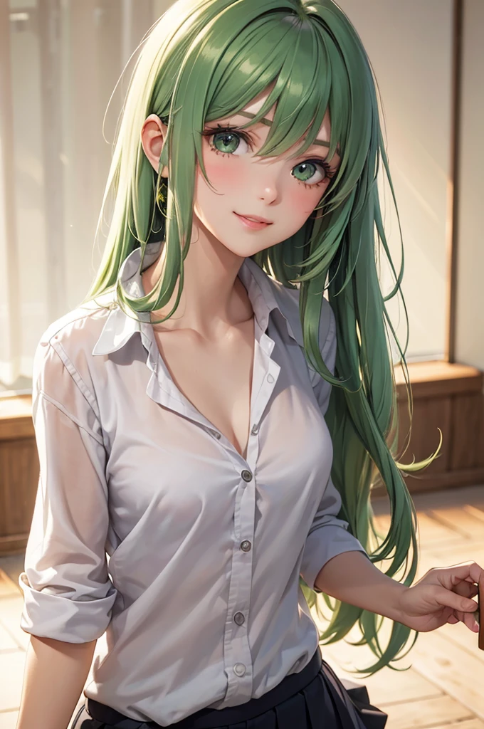 Best Quality,High resolution,8k,finelity detailed background,Masterpiece:1.2),beautiful girl,Shiny green hair,messy hair,Green Eyes,Gentle look,A refreshing look,smile,Best quality,Best Quality,Aesthetic and aesthetic:1.2,Best details((Super detailed))(High-definition CG illustrations),summer uniform,Slender body,School,In the classroom,smile,blush,cute,Scrounge,Looking up,Being spoiled,super model