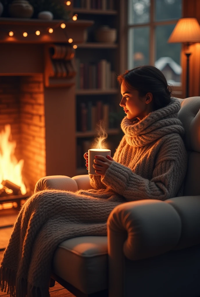 A cozy winter evening scene featuring a nuked young woman sitting comfortably in a plush armchair by a roaring fireplace. The warm glow of the fire illuminates the room, which is decorated in rustic, inviting tones—soft, overstuffed cushions, a knitted blanket draped over her lap, and a steaming mug of hot cocoa in her hands. The walls are adorned with wooden beams and vintage bookshelves, filled with well-loved books and soft lighting from antique lamps. The woman gazes contentedly into the flames, with a hint of a smile on her face, capturing the essence of warmth, relaxation, and comfort.