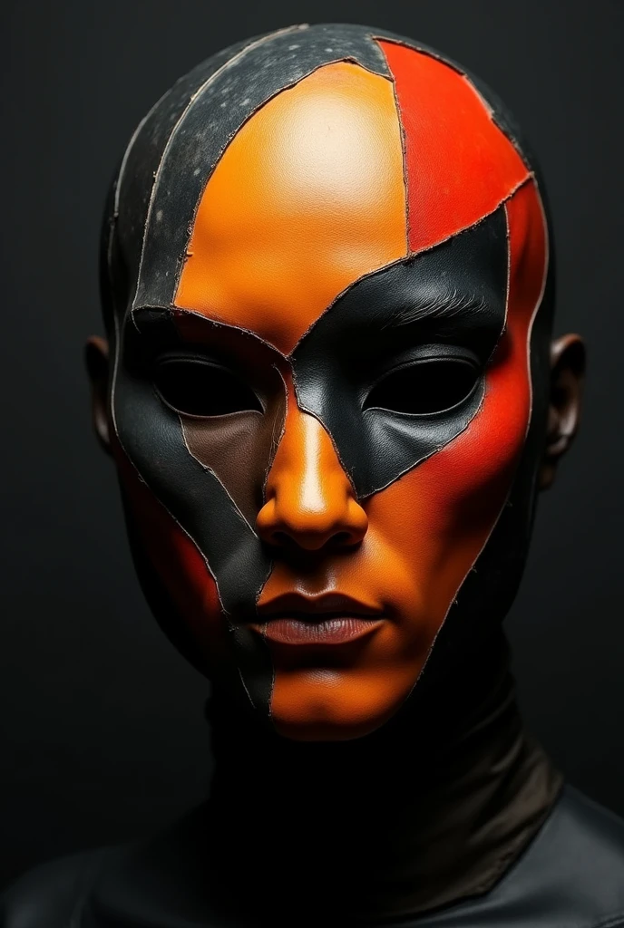 Create a body about a cubist mask with black colors. , orange,brown and red with a dark background with the image in squares