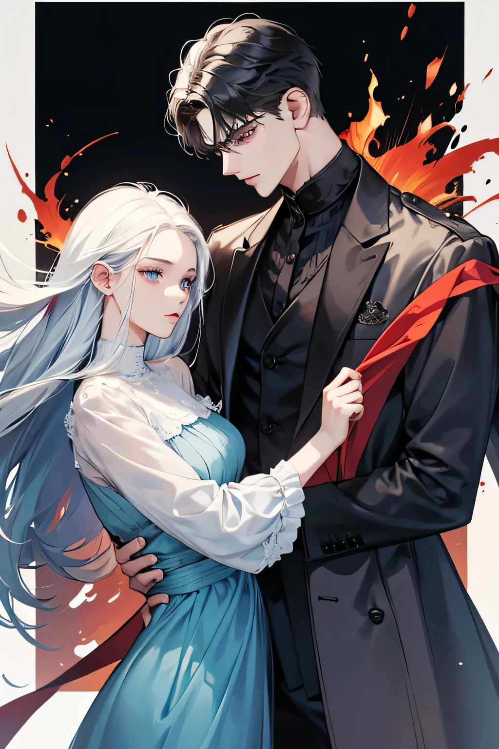 Three 3 characters in the picture. A beautiful woman 26 year old with white hair and blue eyes wearing a long blue dress. A beautiful man 26 year old with black hair and red eyes wearing a black suit and holding a woman's waist. A baby boy in six year old with black hair and red eyes wearing a white shirt and black pants .. التألق; بريق