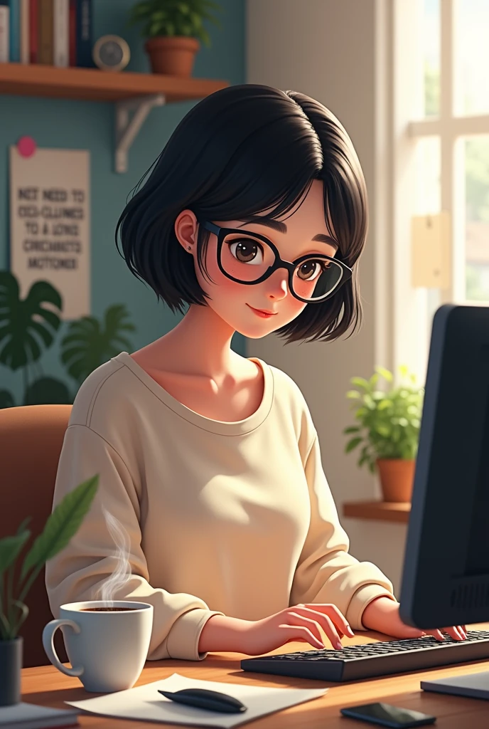 a girl, chubby, with short dark hair. pale skin and who wears glasses and works as a Graphic Designer 