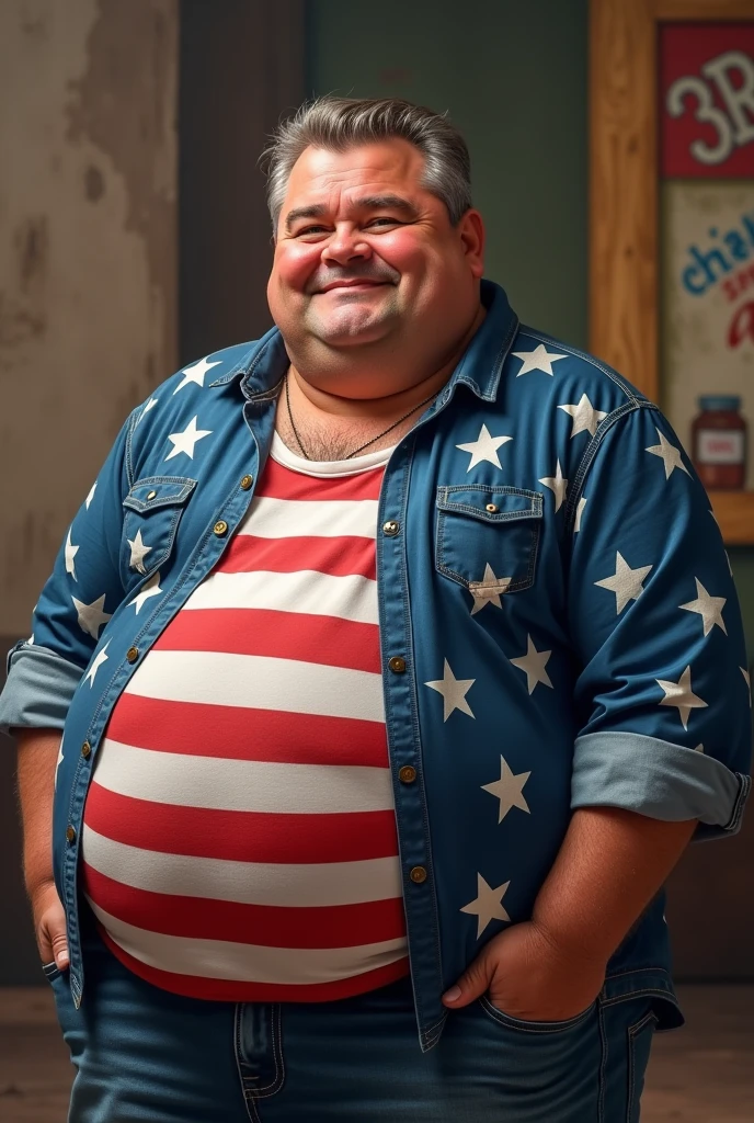 A fat man with a rolled up USA flag sleeves shirt