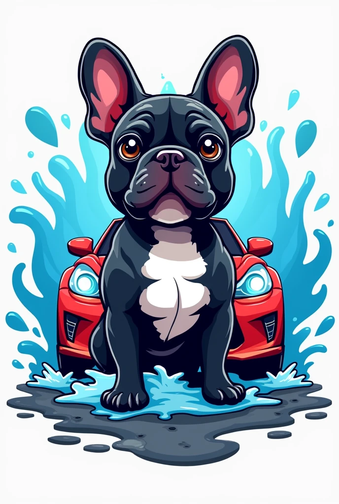 Create a logo for a car wash that is eye-catching, using a car and having the main character be a black French bulldog named Teo