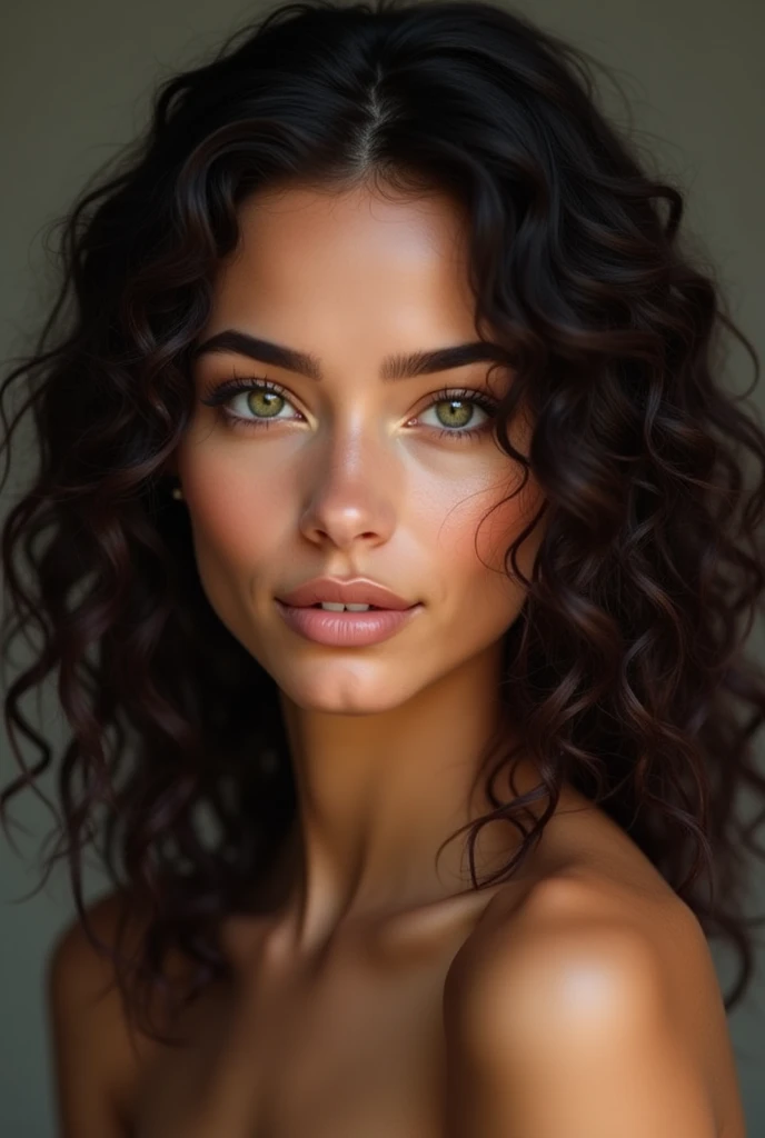 beautiful mixed race woman with curly hair and green eyes, no makeup