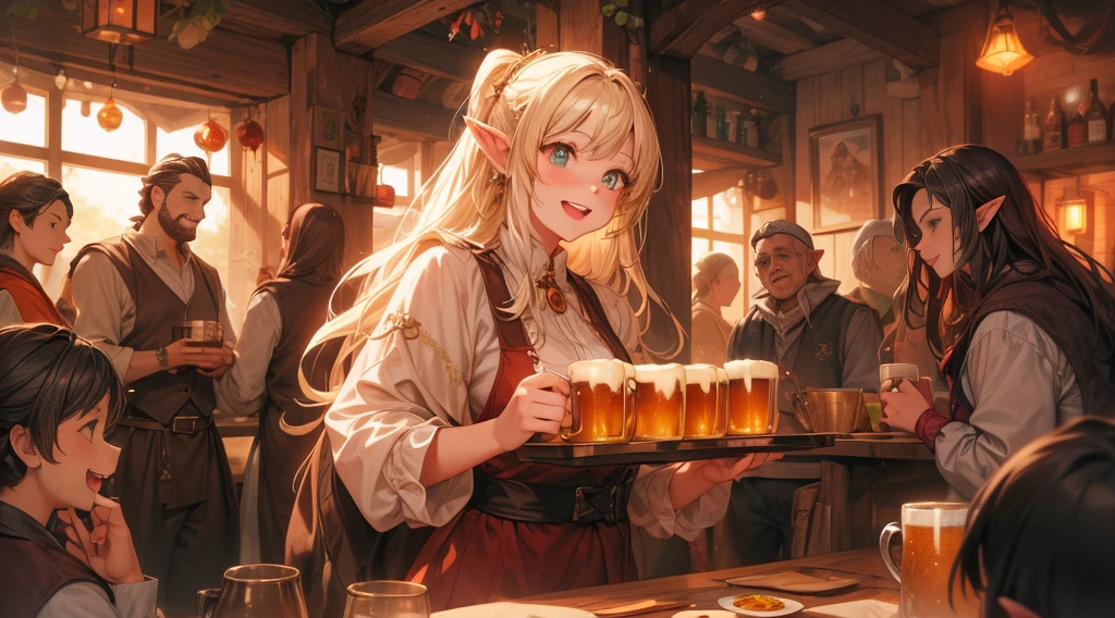 An illustrated scene set in a lively fantasy tavern at twilight. The focus is on a cheerful elf waitress, a young woman with long flowing hair and pointed ears, wearing a traditional tavern outfit. She is smiling warmly as she carries a large tray of mugs filled with beer, distributing them to a diverse group of patrons gathered around a round wooden table. The background shows a bustling tavern filled with various races, including humans, dwarves, and elves, all engaged in lively conversation. The setting is cozy, with a warm glow from lanterns and a large hearth, casting a soft, inviting light. The overall mood is vibrant yet warm, with a mix of soft browns, golds, and oranges to reflect the twilight hour.