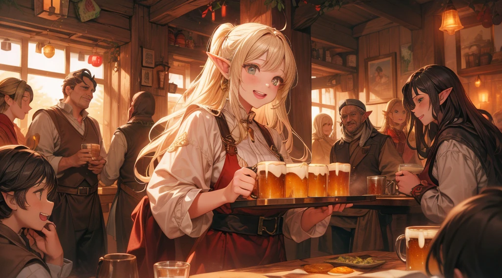 An illustrated scene set in a lively fantasy tavern at twilight. The focus is on a cheerful elf waitress, a young woman with long flowing hair and pointed ears, wearing a traditional tavern outfit. She is smiling warmly as she carries a large tray of mugs filled with beer, distributing them to a diverse group of patrons gathered around a round wooden table. The background shows a bustling tavern filled with various races, including humans, dwarves, and elves, all engaged in lively conversation. The setting is cozy, with a warm glow from lanterns and a large hearth, casting a soft, inviting light. The overall mood is vibrant yet warm, with a mix of soft browns, golds, and oranges to reflect the twilight hour.