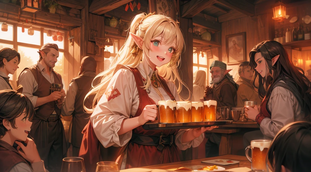 An illustrated scene set in a lively fantasy tavern at twilight. The focus is on a cheerful elf waitress, a young woman with long flowing hair and pointed ears, wearing a traditional tavern outfit. She is smiling warmly as she carries a large tray of mugs filled with beer, distributing them to a diverse group of patrons gathered around a round wooden table. The background shows a bustling tavern filled with various races, including humans, dwarves, and elves, all engaged in lively conversation. The setting is cozy, with a warm glow from lanterns and a large hearth, casting a soft, inviting light. The overall mood is vibrant yet warm, with a mix of soft browns, golds, and oranges to reflect the twilight hour.