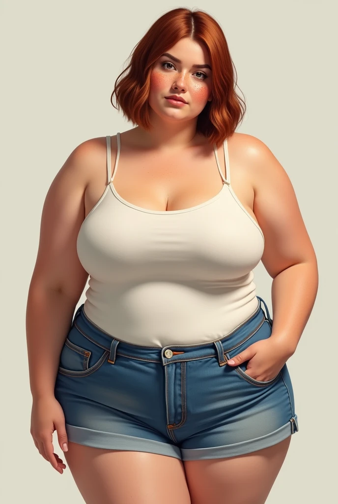 Full-body woman wearing jean shorts and a tank top with short straps, russet hair, freckles, big body, white skin color, com freckles no corpo inteiro, medium straight hair