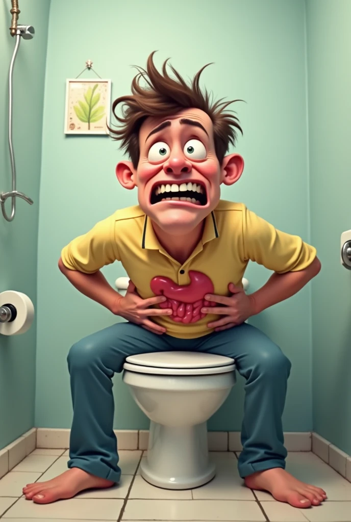 One cartoon man sitting on comode with constipated face and holding his chest with one hand and holding his back with another hand