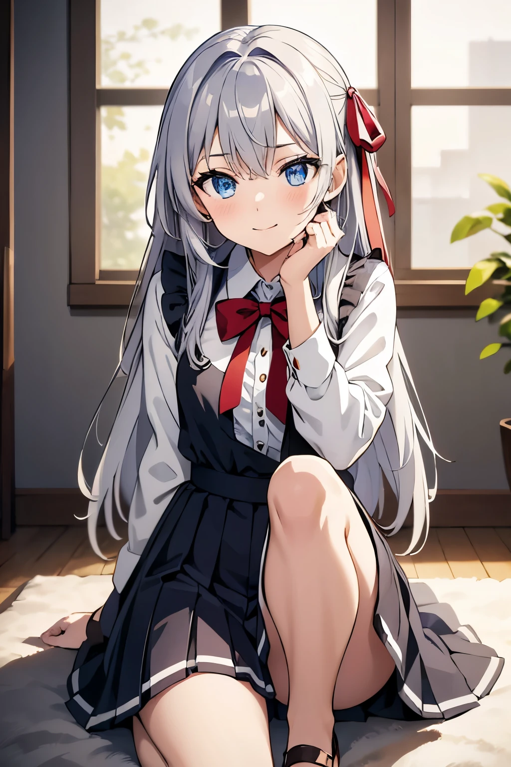 ((masterpiece)),(Highest quality),Official Art,Very delicate and beautiful,Highly detailed CG,unity 8k wallpaper,Super detailed,Beautiful attention to detail,One person,alone、smile,(small:1.2),Alisa Mikhailovna Kujo,Ahoge,Long Hair,Grey Hair,Hair Intake,Hair Ribbon,Red ribbon,Hair between the eyes,bangs,blue eyes,Crouching、Spreading legs、Pleated skirt