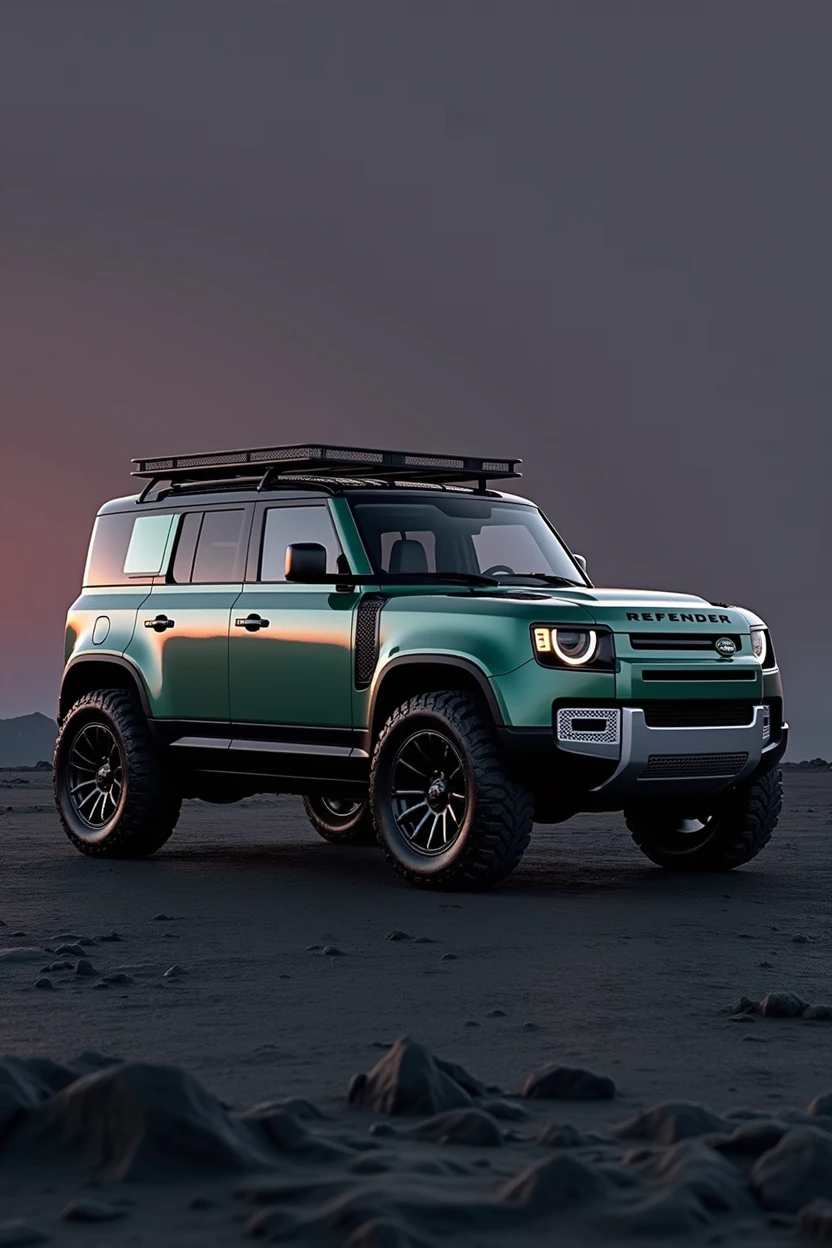 An image of full body of Brand new ((full option)(land rover defender 110 model 2024)) 5 door defender in dark greenish colour and (ceramic coating help shining body) with defender roof carrier and side ladder. Diamond cut alloy wheels at (minimum ground clearance). Dark violet sky and dark grey soil. 